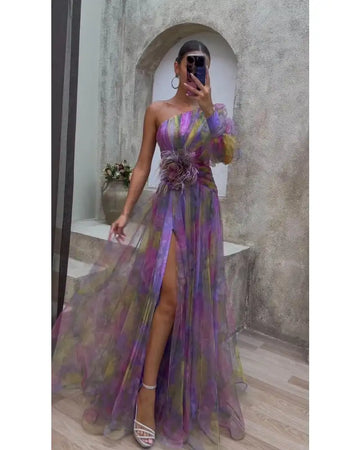 One Shoulder Long-Sleeved Floral Dress